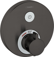 Round brushed black chrome shower thermostatic trim with power button and temperature control dial marked to 100°F.