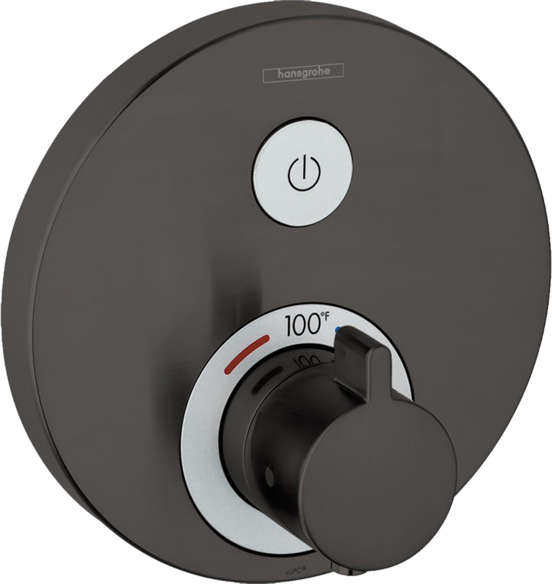 Round brushed black chrome shower thermostatic trim with power button and temperature control dial marked to 100°F.