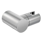 Chrome handshower bracket with cylindrical holder and angled outlet connection.
