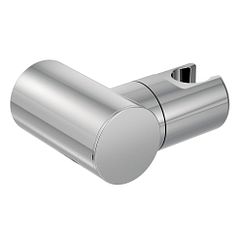 Chrome handshower bracket with cylindrical holder and angled outlet connection.