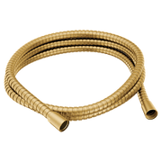 Brushed gold shower hose with metal connectors coiled in a loop shape.