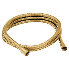 Brushed gold shower hose with metal connectors coiled in a loop shape.