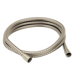 Brushed nickel flexible shower hose coiled in a loop, approximately 59 inches long.