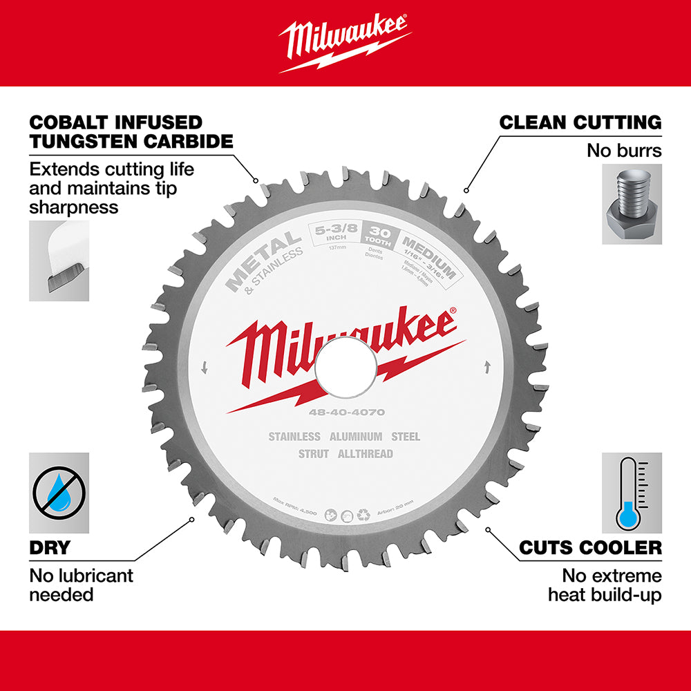 Milwaukee 5-3/8 inch circular saw blade with 30 carbide teeth for stainless steel and aluminum.