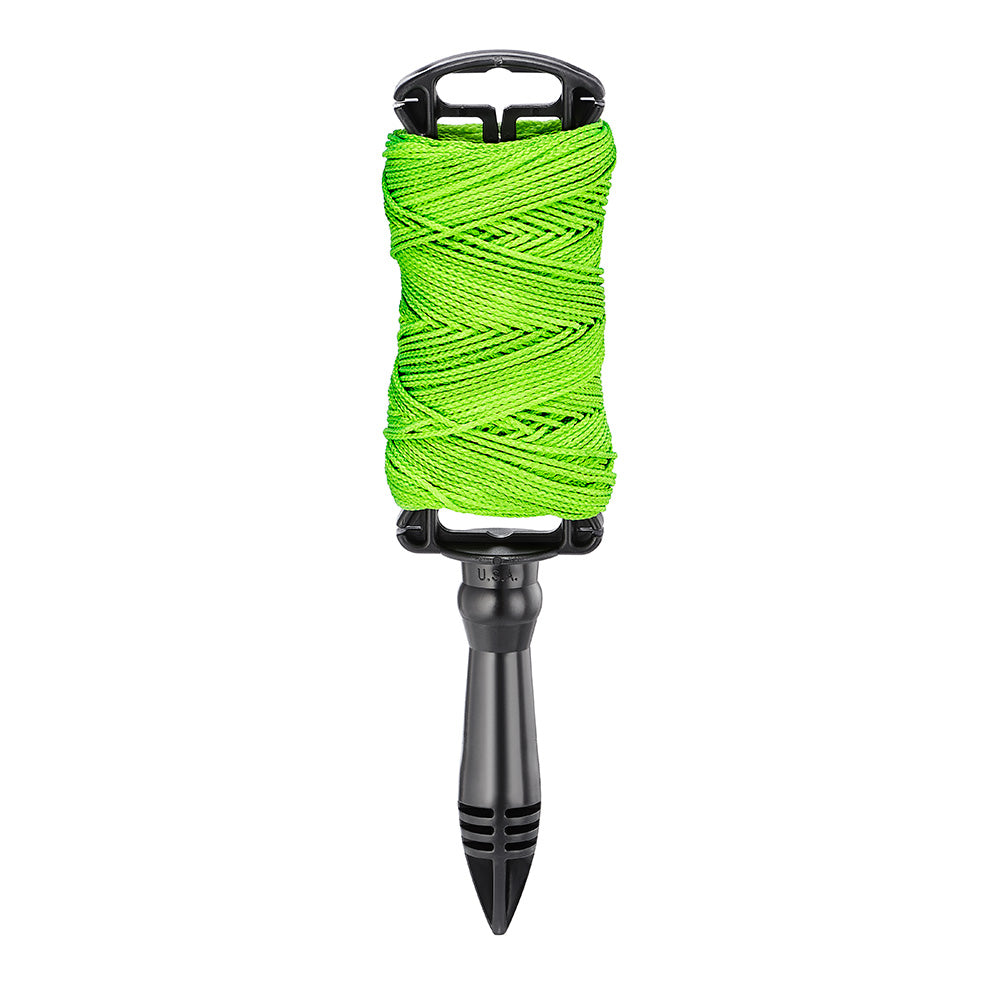 Green braided nylon line wound on black plastic reel with handle and pointed stake attachment.