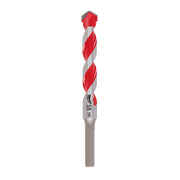 Red and gray carbide hammer drill bit with twisted flutes and chisel tip, marked with size specifications on shaft.