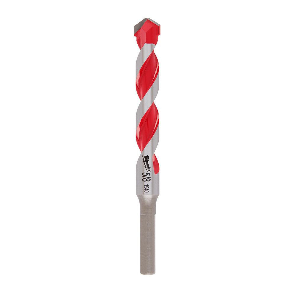 Red and gray carbide hammer drill bit with twisted flutes and chisel tip, marked with size specifications on shaft.