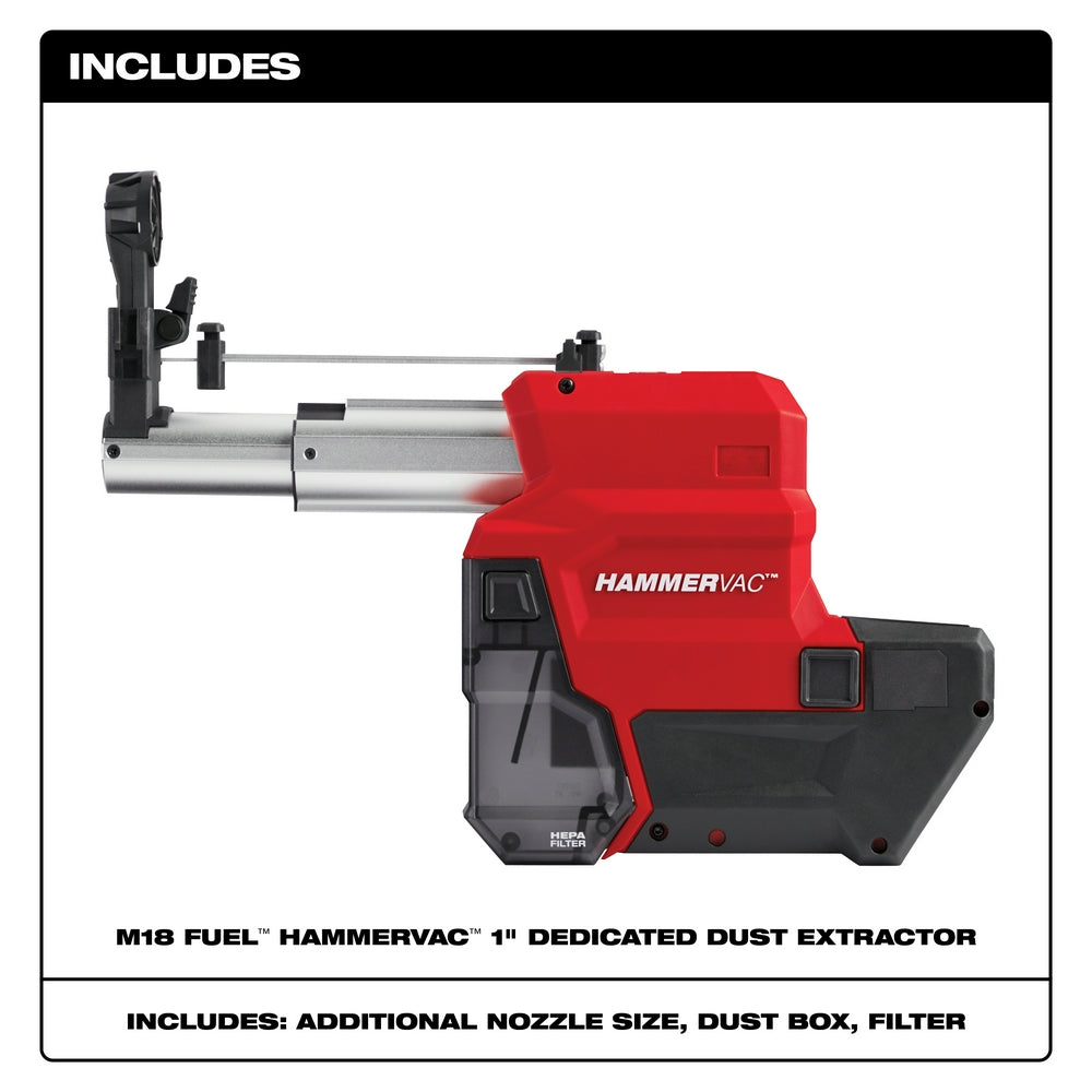 Red and black M18 FUEL HAMMERVAC dust extractor with silver attachment arm and black vacuum hose connector.