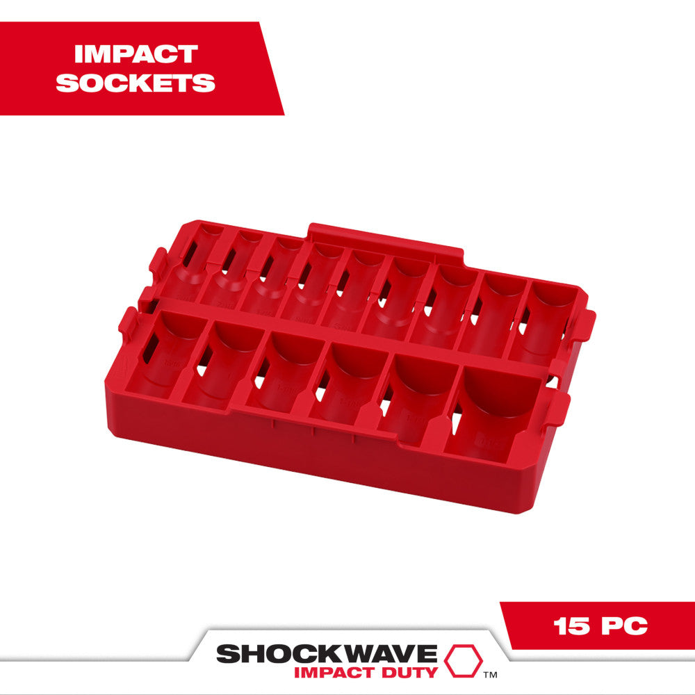 Red plastic organizer tray with 15 compartments for 1/2" drive sockets.