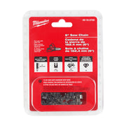 Milwaukee 6-inch saw chain with metal links displayed in retail packaging with specification details.