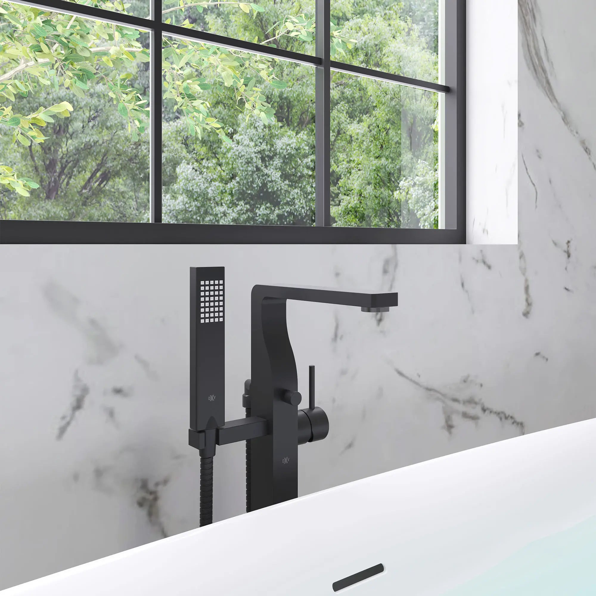 Grohe Equality Square Floor Mount Free Standing Bathtub Filler with Hand Shower - Matte Black