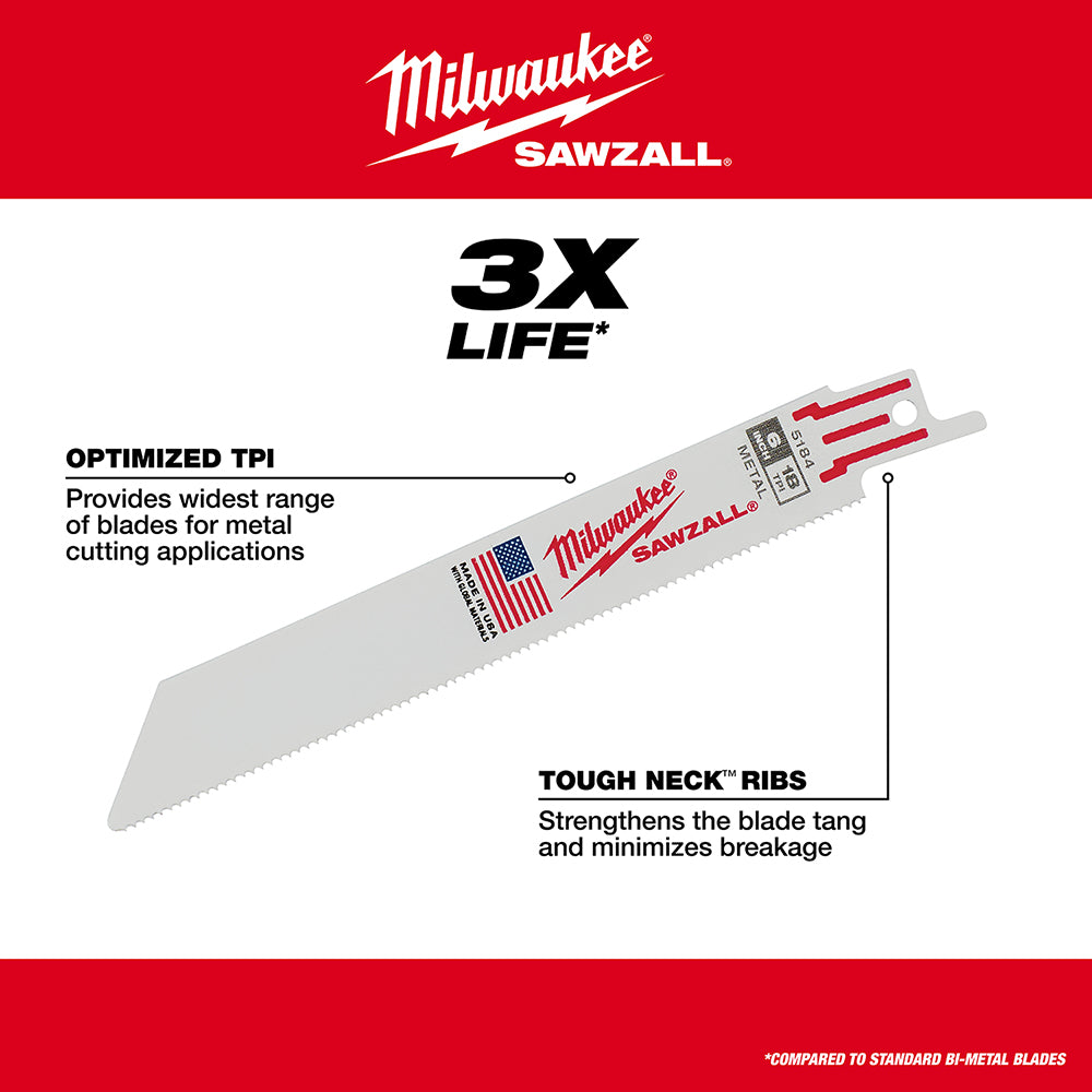 Milwaukee SAWZALL metal cutting blade with red and white packaging, showing tooth design and reinforced neck area.