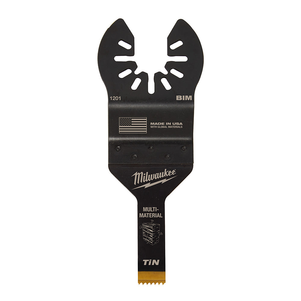 Black Milwaukee OPEN-LOK oscillating tool blade with dual cutting heads and titanium-enhanced bi-metal edge for multi-materia