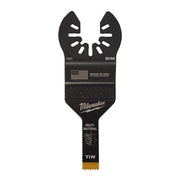 Black Milwaukee OPEN-LOK oscillating tool blade with dual cutting heads and titanium-enhanced bi-metal edge for multi-materia