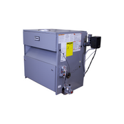 Gray cast iron natural gas boiler with control panel, yellow safety label, and black burner assembly on side.