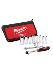 Milwaukee 12-piece metric socket set with red and black carrying case, chrome sockets, and ratchet wrench with red grip handl