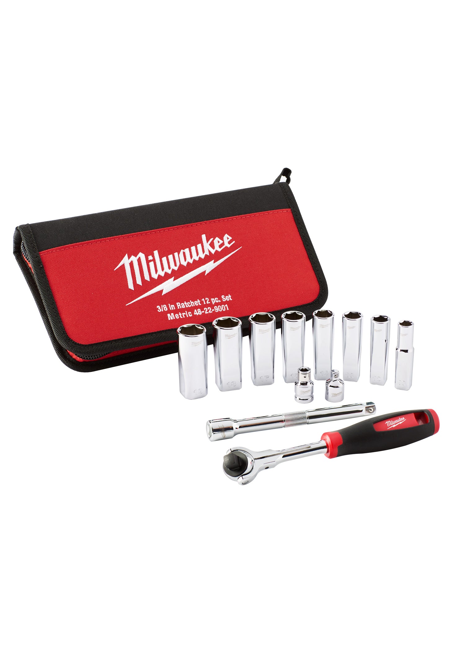 Milwaukee 12-piece metric socket set with red and black carrying case, chrome sockets, and ratchet wrench with red grip handl