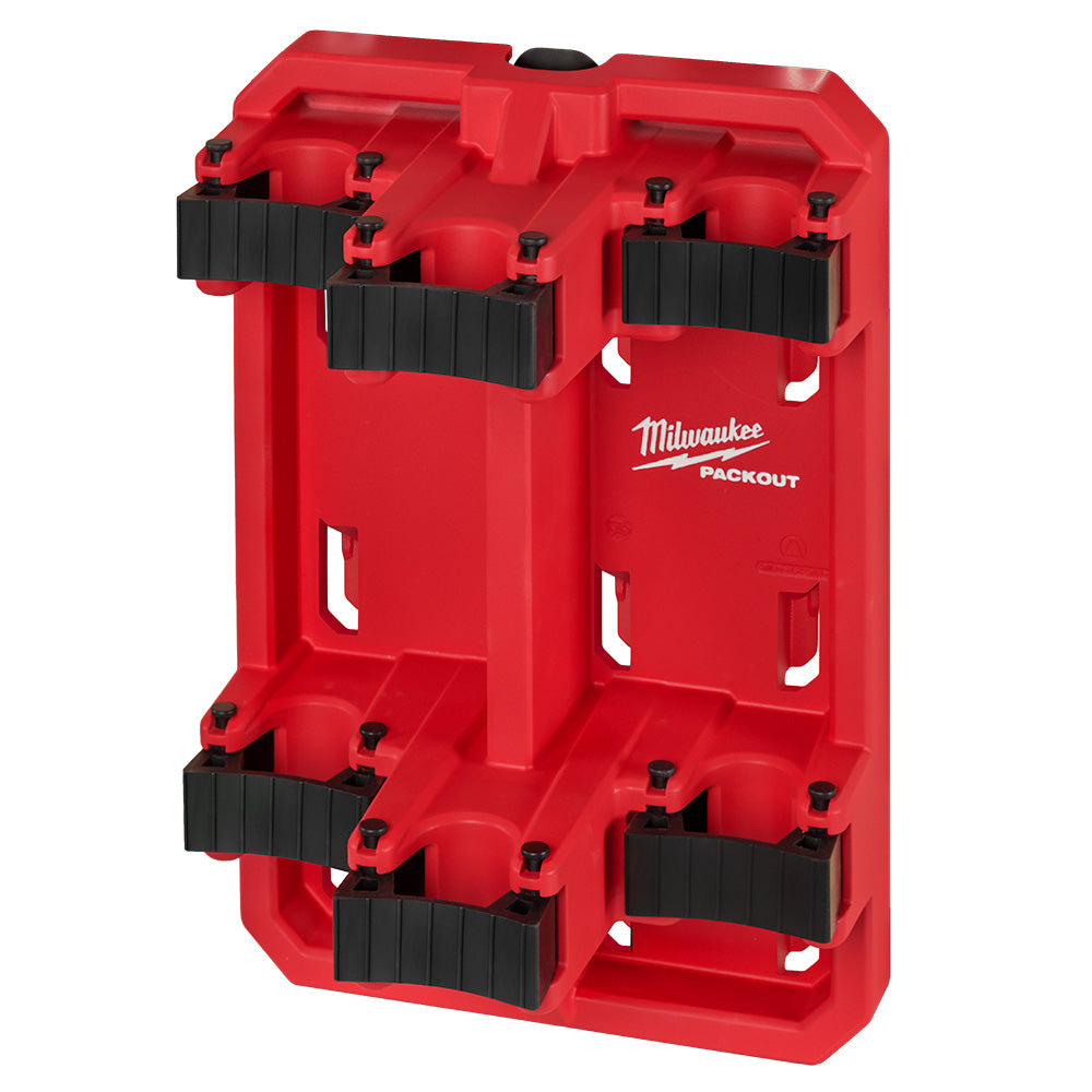 Red PACKOUT tool rack with four black sliding handle grips and mounting slots.