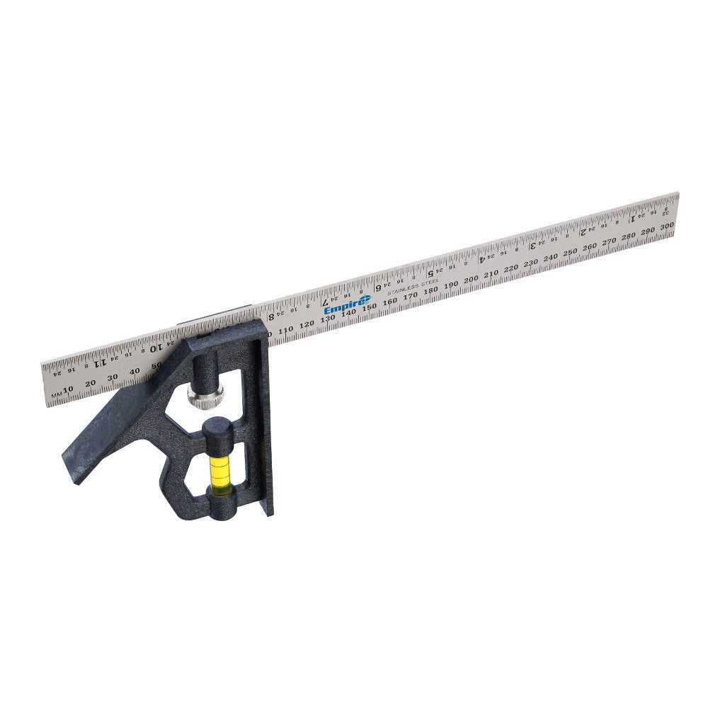 Milwaukee 12-inch combination square with metal ruler, black polycast head, and yellow bubble level vial.