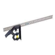 Milwaukee 12-inch combination square with metal ruler, black polycast head, and yellow bubble level vial.