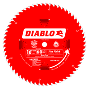 Red circular saw blade with 60 teeth, white center arbor hole, and Diablo branding on front face.