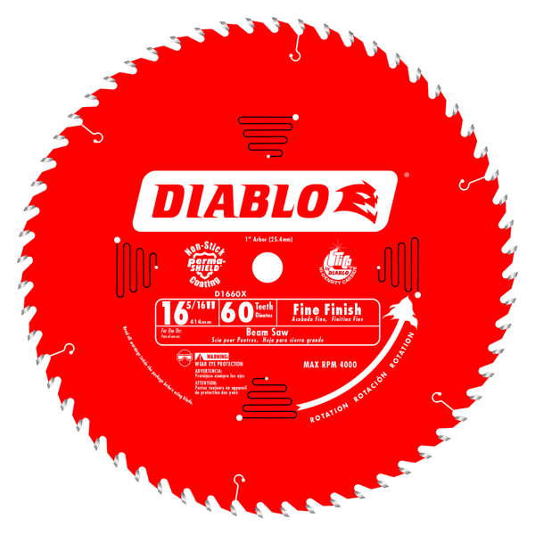 Red circular saw blade with 60 teeth, white center arbor hole, and Diablo branding on front face.