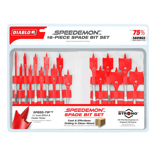 Diablo Speedemon 16-piece spade bit set with red bits and gray shanks displayed in clear plastic case.
