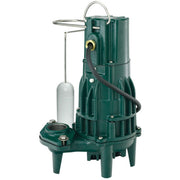 Green cylindrical sump pump with float switch, discharge hose, and power cord attached to base.