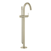 Brushed nickel freestanding tub faucet with curved spout, single handle, and detachable hand shower.