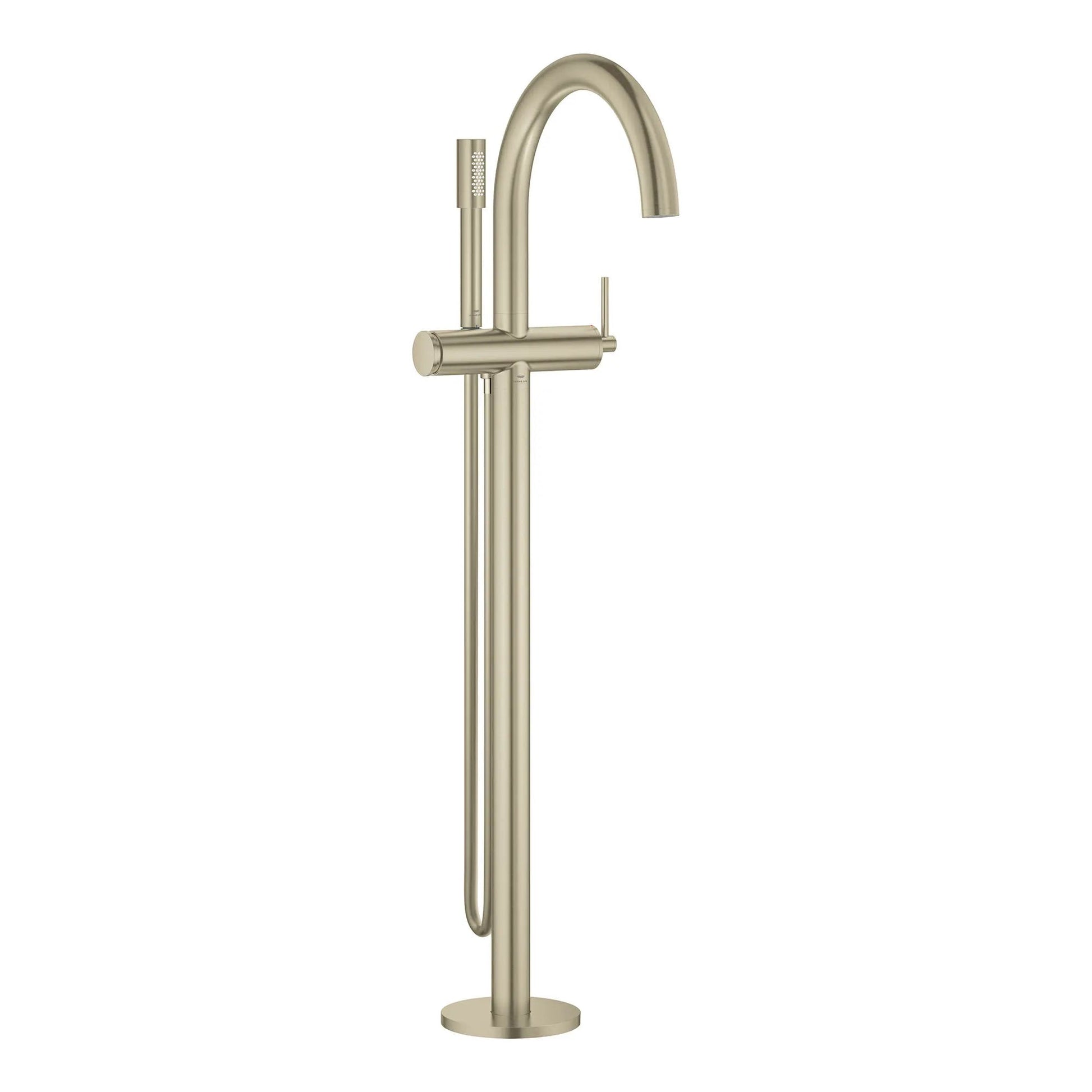 Brushed nickel freestanding tub faucet with curved spout, single handle, and detachable hand shower.