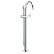 Chrome freestanding tub faucet with curved spout, single handle, and hand shower wand attached to vertical pipe.