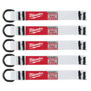 Five white web straps with black D-ring attachments and red Milwaukee branding labels showing 5lb capacity.