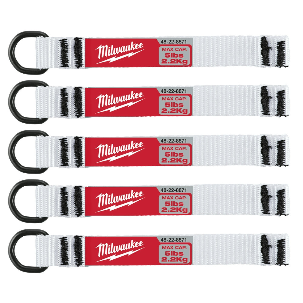 Five white web straps with black D-ring attachments and red Milwaukee branding labels showing 5lb capacity.