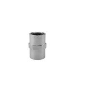 Satin nickel cylindrical coupling with threaded connections on both ends.