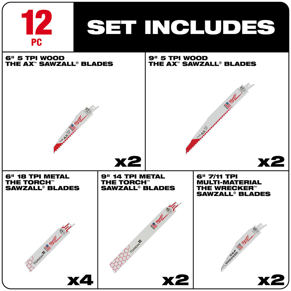 Milwaukee 12-piece SAWZALL blade set showing six-, nine-inch wood blades, metal-cutting blades, and multi-material blade vari