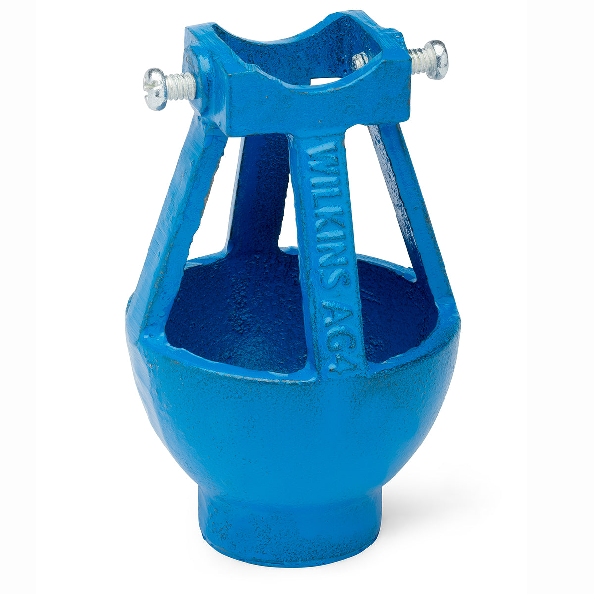 Blue Zurn pipe fitting with threaded connectors on sides and central opening for water drainage connection.