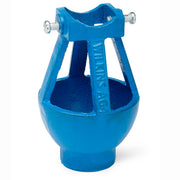 Blue Zurn pipe fitting with threaded connectors on sides and central opening for water drainage connection.