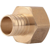 Brass female connector with crimp ring on left side and hexagonal nut on right side.