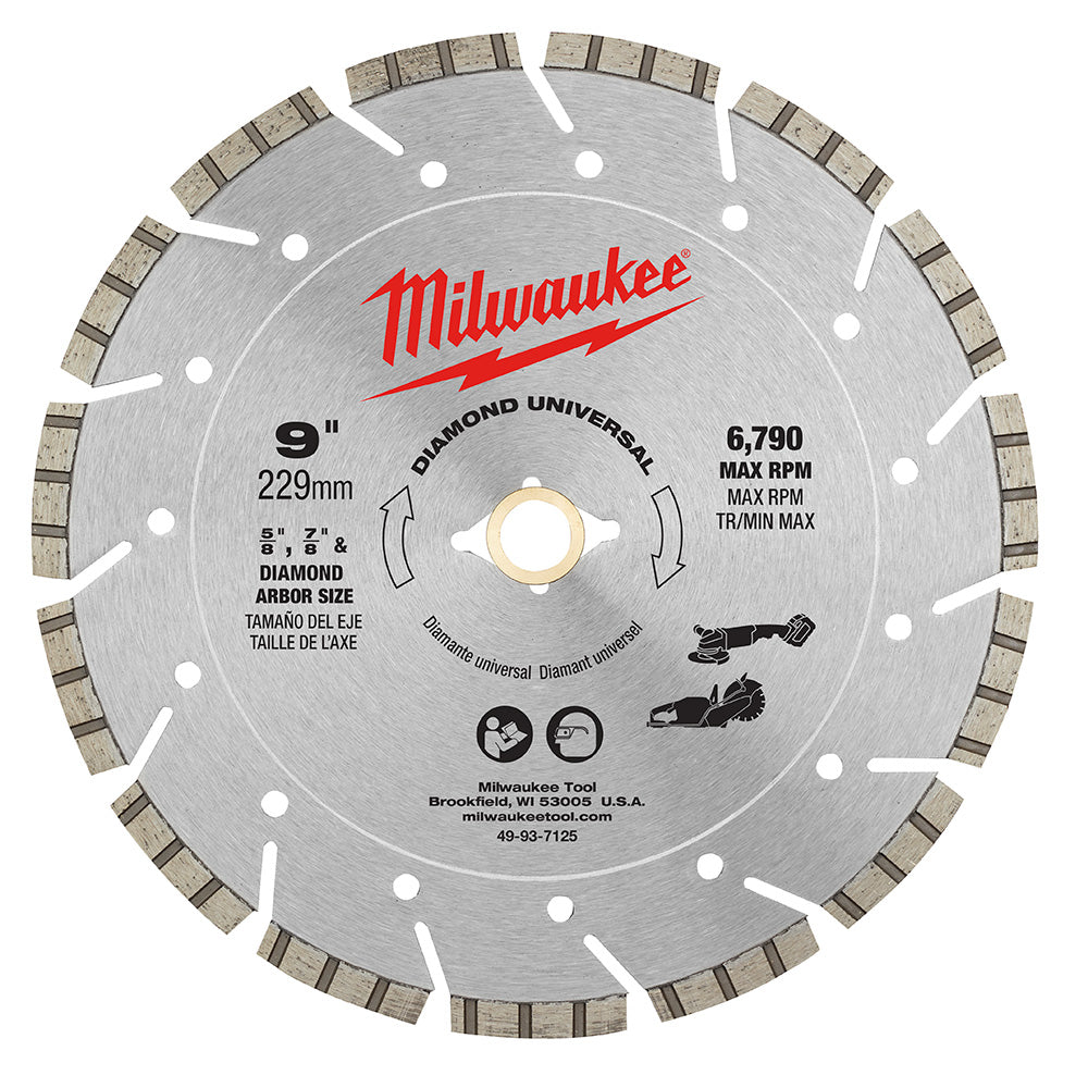 9-inch Milwaukee diamond circular saw blade with segmented teeth around the perimeter and center arbor hole.