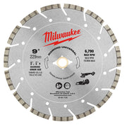 9-inch Milwaukee diamond circular saw blade with segmented teeth around the perimeter and center arbor hole.