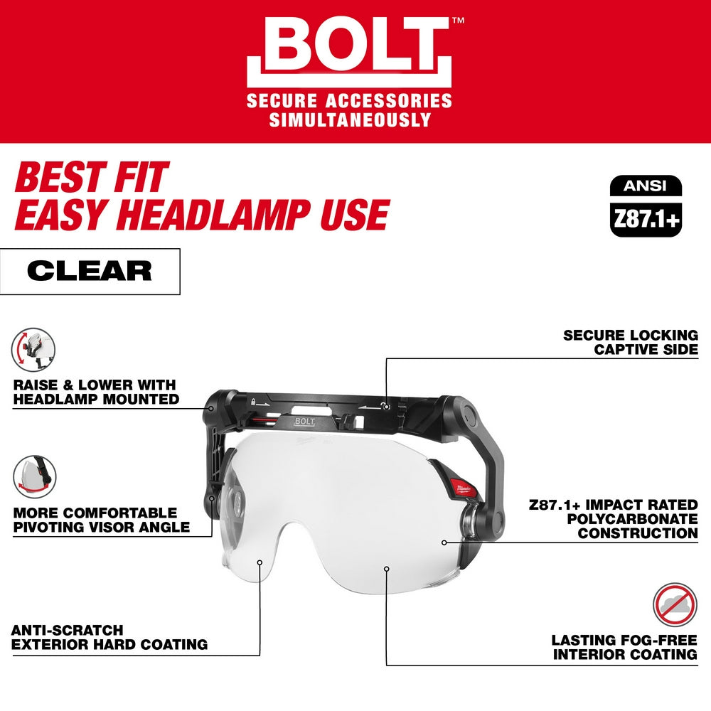 Clear dual-coated eye visor with black side frames and secure locking captive mechanism for Milwaukee safety helmets.