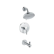 Chrome shower valve system with round showerhead, wall-mounted control handle, and tub spout.