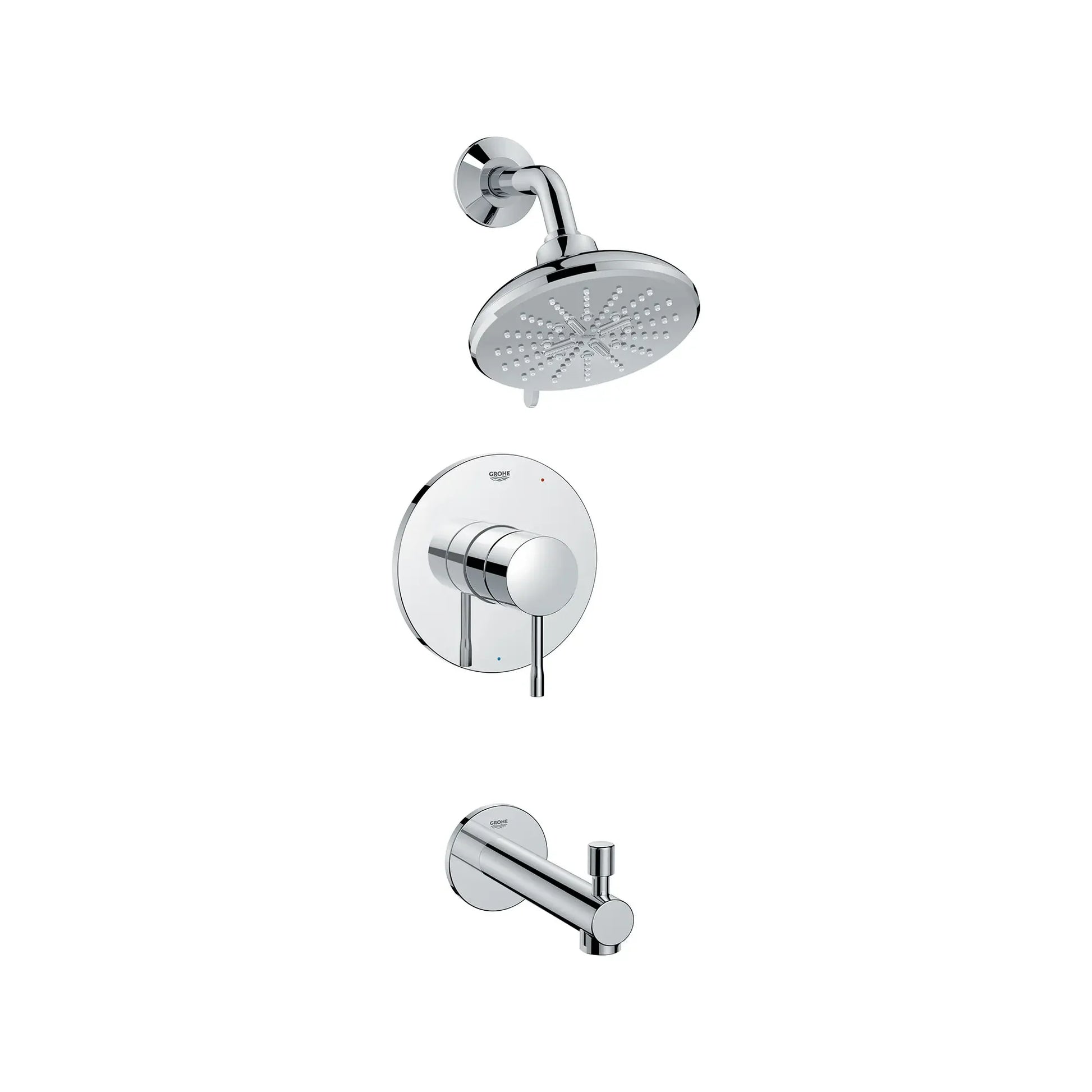 Chrome shower valve system with round showerhead, wall-mounted control handle, and tub spout.