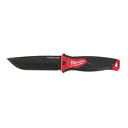 Milwaukee HARDLINE fixed blade knife with black steel blade and red and black handle featuring thumb guard.