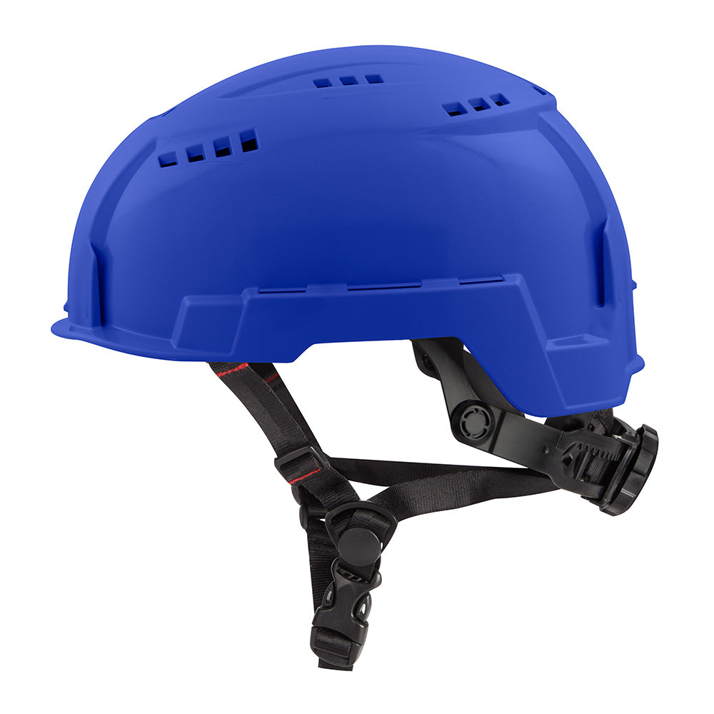 Blue safety helmet with vented crown, black chin strap and adjustment mechanism on side.