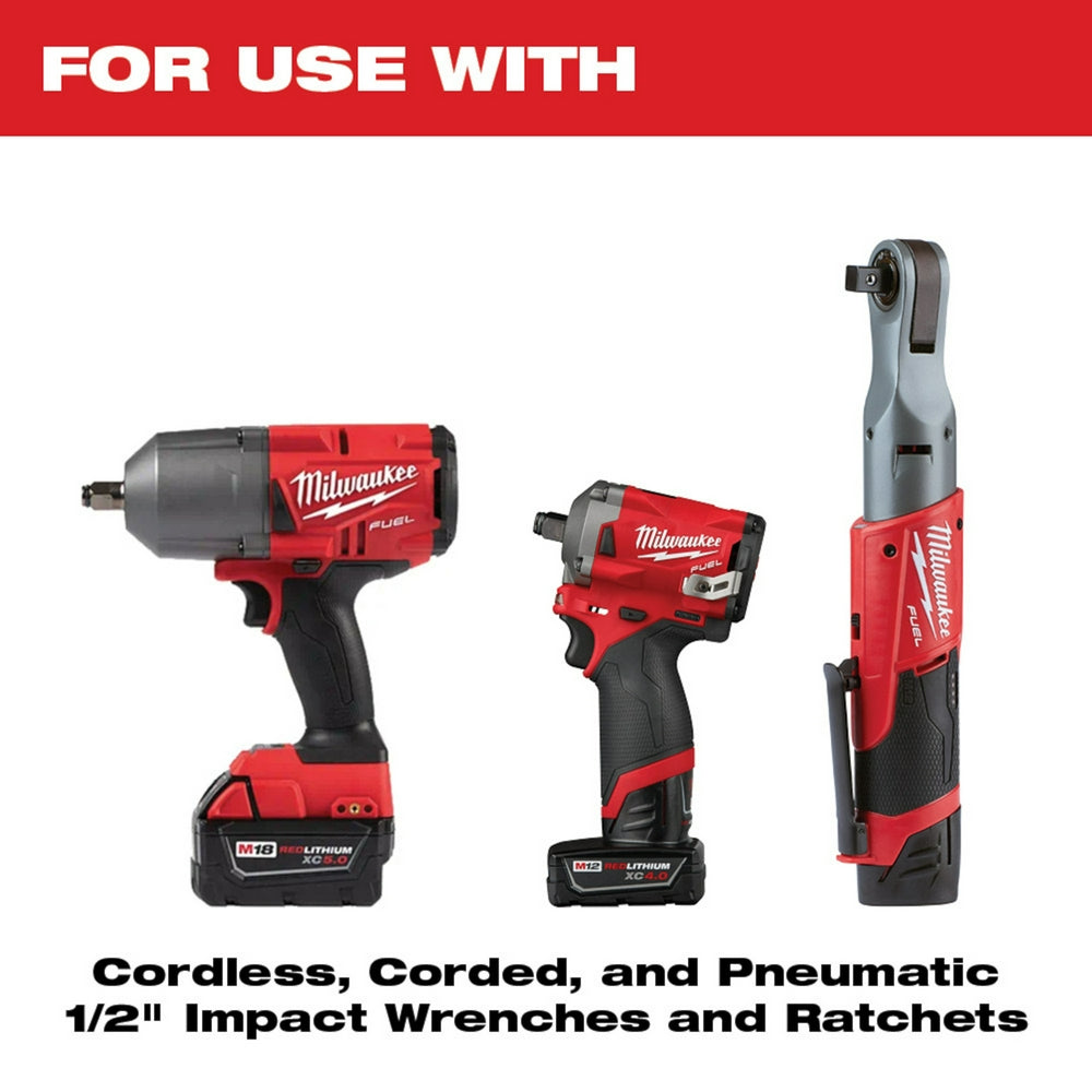 Milwaukee Shockwave Impact Duty 19MM metric lug nut wheel socket with 1/2 inch drive connection.
