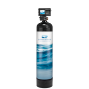 Tall cylindrical black and white water filtration tank with digital control valve and dual display screens on top.