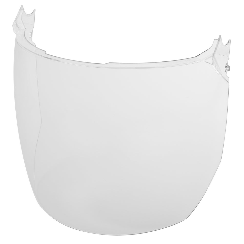 Clear curved face shield lens with mounting clips on both sides for helmet and hard hat attachment.