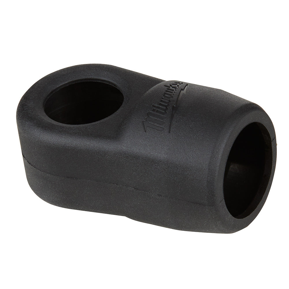 Black rubber boot with oval openings on two ends and Milwaukee branding embossed on surface.