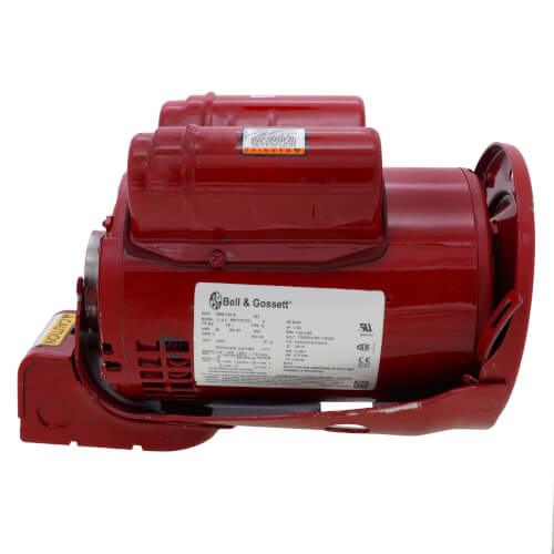 Red Bell & Gossett 1 HP electric motor with specification label, designed for recirculating pump systems.